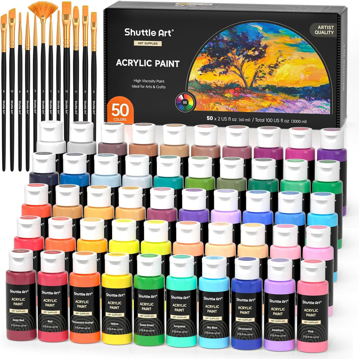 Shuttle Art Acrylic Paint, 50 Colors Acrylic Paint Set, 2oz/60ml Bottles, Rich Pigments, Water Proof, Premium for Artists, Beginners and Kids on Canvas Rocks Wood Ceramic Fabric