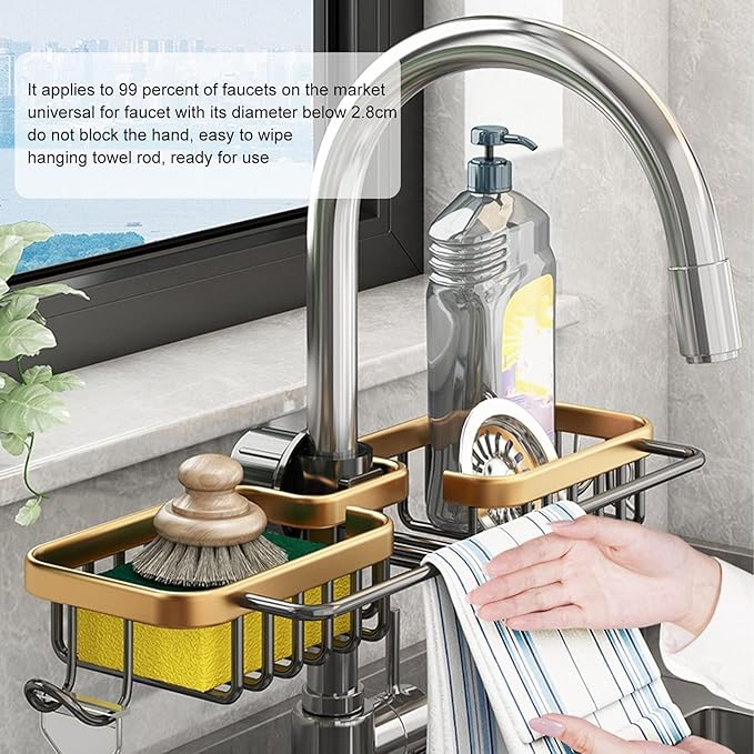 Faucet Holder, Double Faucet Storage Rack with Hooks Faucet Sponge Holder over Faucet Hanging Aluminum Detachable Faucet Drain Rack for Kitchen Sink Bathroom Organizer and Storage(Gold)