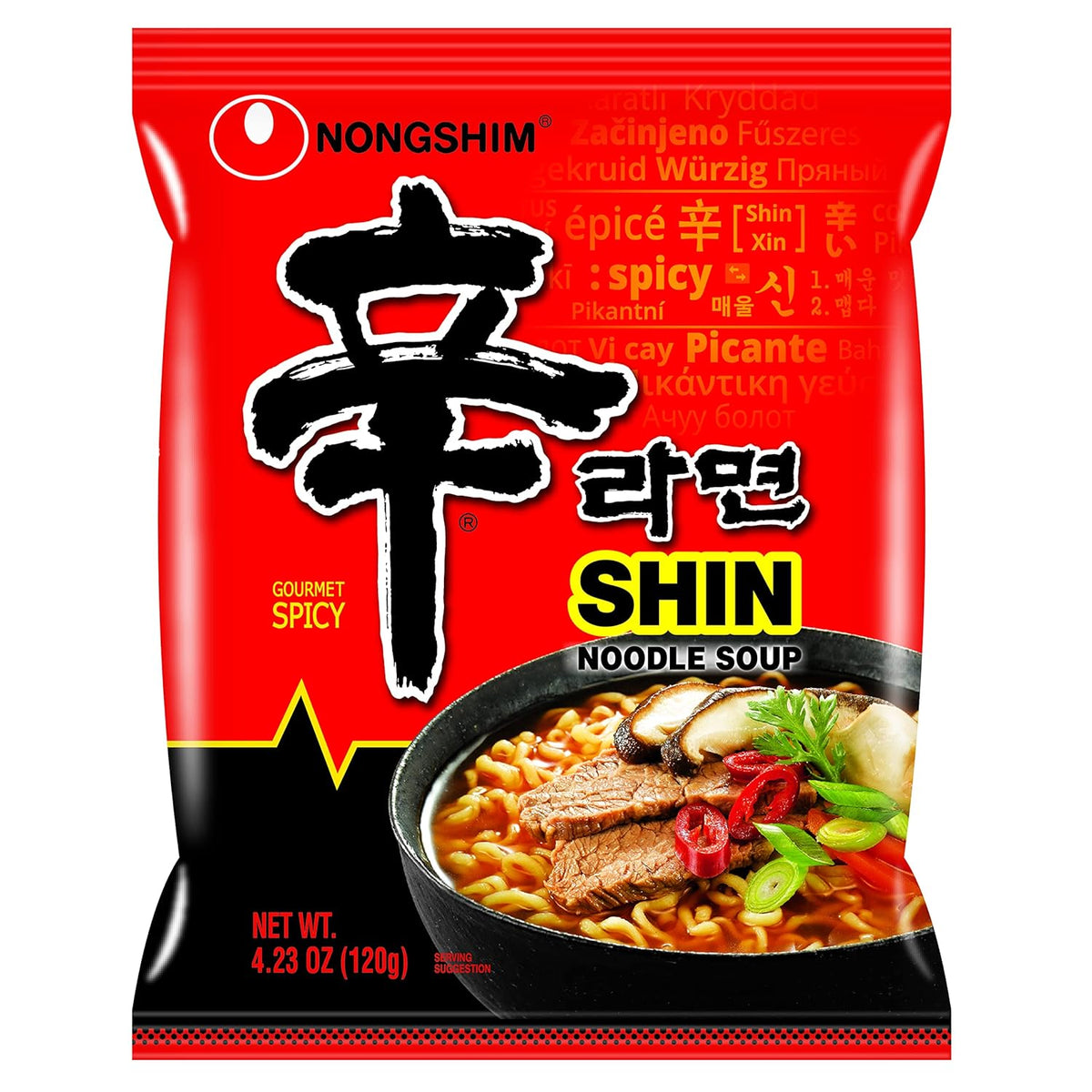 Nongshim Ramen Noodles, Gourmet Instant Ramen, Premium Microwavable Noodle Soup, Spicy Shin, Family Pack, 4.23 Ounce (Pack of 20)