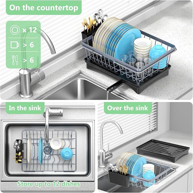 LEMIKKLE Sink Dish Drying Rack - Expandable Small Dish Rack Over Sinks with Drying Tray, Dish Drainer for Kitchen Counter with Cutlery Holder, Drying Rack Fit for 14’’-19’’ Kitchen Sink