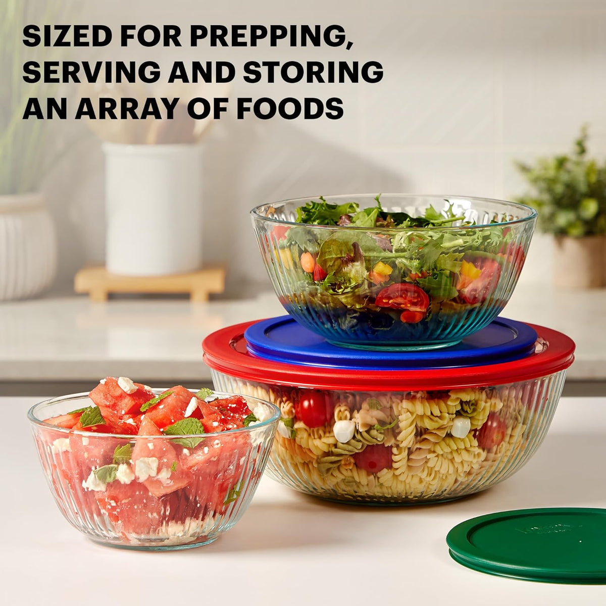 Pyrex Sculpted (3-Pack) Glass Mixing Bowls Set With Lids For Prepping, Baking and Cooking, Preheated Oven, Dishwasher, Freezer, and Microwave Safe