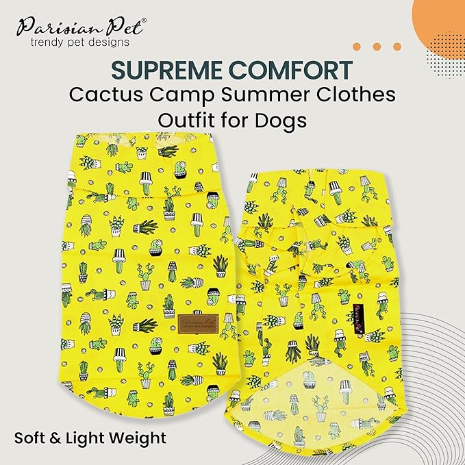 Parisian Pet Cactus Cap Dog Beach Outfit - 100% Cotton Summer Dog Clothes - Stylish Machine Washable Pet Shirts for Large Dogs