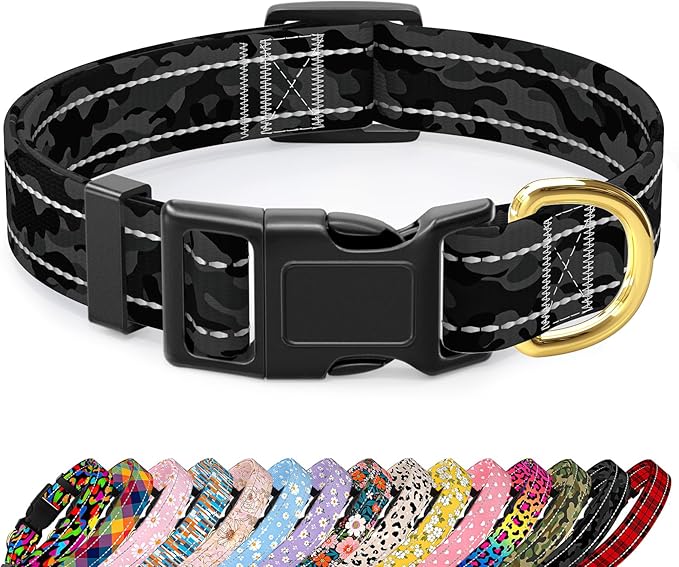Reflective Dog Collar for Large Dogs, Cute Camouflage Adjustable Heavy-Duty Nylon Puppy Collar for Boy and Girl Female, Soft Pet Accessories with Quick Release Buckle, Black
