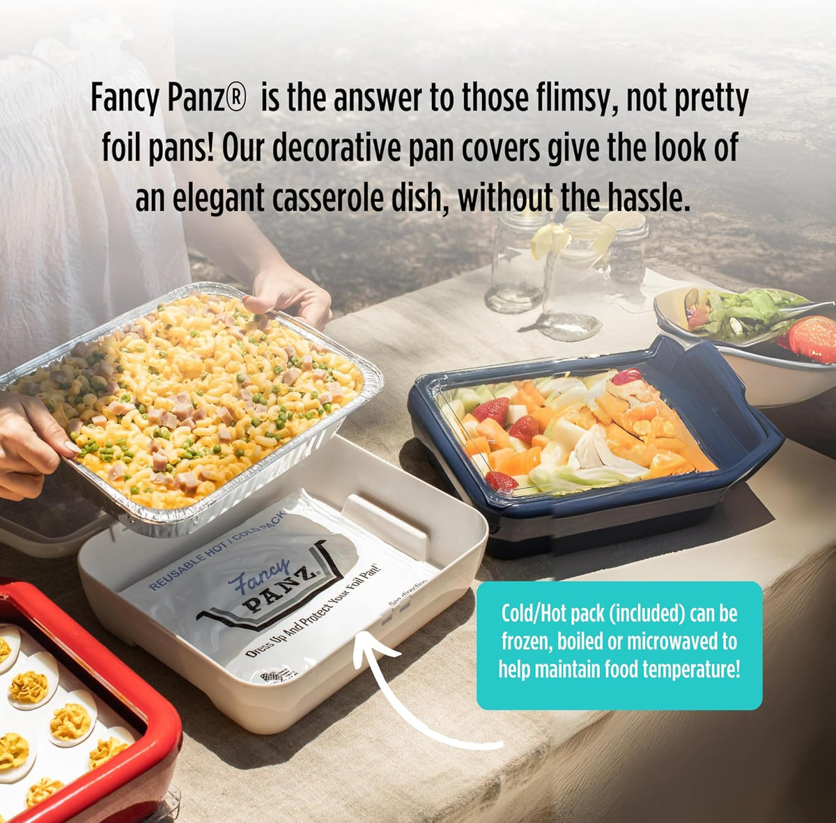 Fancy Panz - Aqua Premium Aluminum Foil Pan Carrier with Lid & Hot/Cold Pack - Elevated Food Serving Tray - Portable Casserole Carrier with Lid - Made in the USA Hosting Essentials