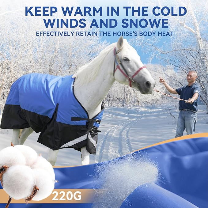 48” Winter Horse Blanket, 1200D Waterproof Poly Horse Turnout Blanket, Durable Tear-Resistant Thick Horse Blanket with Snuggit 220G Filling, Breathable Warmth Turnout Blankets for Horse