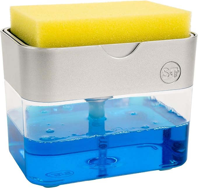 S&T INC. Dish Soap Dispenser and Sponge Holder for Kitchen Sink with Enhanced Features, Sponge Included, 13 Ounces, Silver