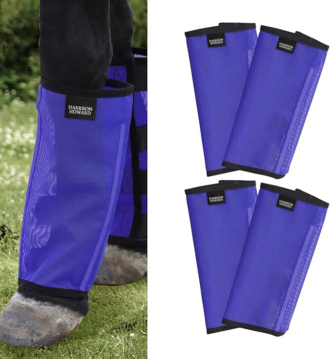 Harrison Howard Loose Fitting Fly Boots UV-Protective Extra Tough Mesh Ventilated Four Fasteners Stay-on Design Protect Horse Legs & Stomp-Reducing Set of 4 Deep Navy Pony