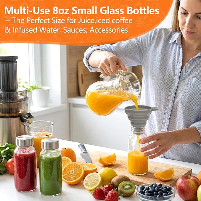 Luxfuel 8 oz Glass Water Bottles with Lids, 12 Pack Small Glass Juice Bottles with Stainless Steel Caps & Funnel, Leak-Proof Containers for Juicing, Milk, Ginger Shots, Smoothies, Wellness Drinks