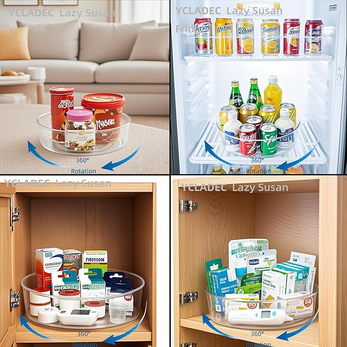 6 Pack Lazy Susan 11.5" Inch Turntable Organizer Organization Storage Container Bins Spice Rack Cabinet Rotating Condiment for Pantry Countertop Kitchen Vanity Bathroom Jewelry Holder Clear