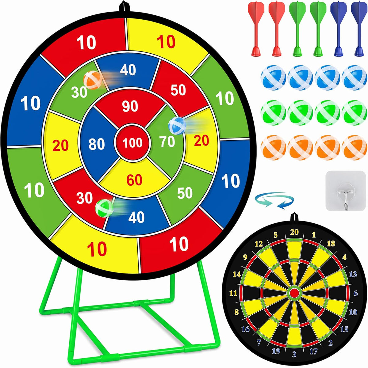 Large Dart Board for Kids, Kids Double-Sided Dart Board with Sticky Balls and Darts, Indoor/Outdoor Sport Fun Party Play Game Toys, Gifts for 3 4 5 6 7 8 9 10 11 12 Year Old Boys Girls