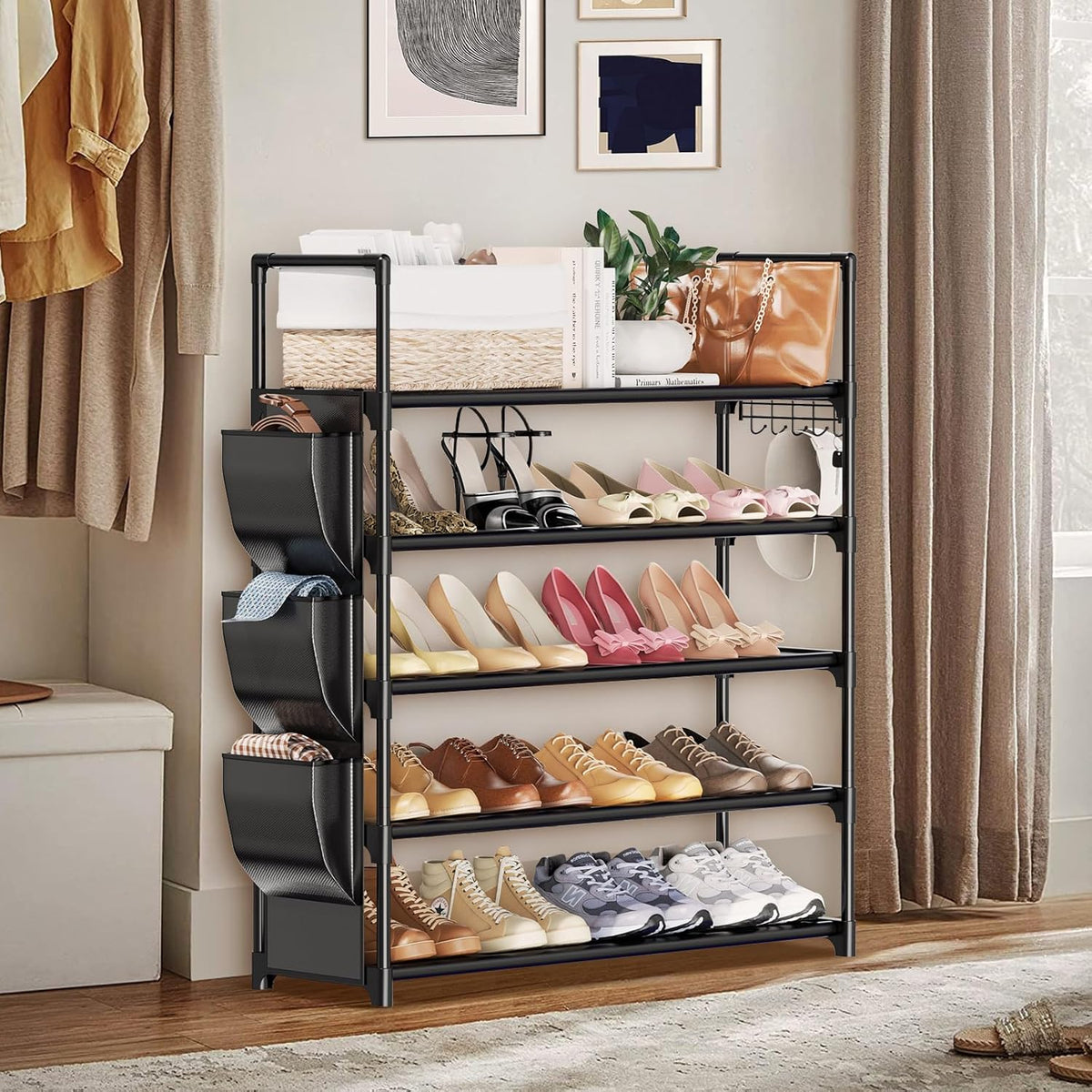 5 Tier Shoe Rack with Hook and Side Pocket,Shoe Organizer Space Saver Storage for 20-25 Pair Shoe Storage Shelf Sturdy Free Standing Long Shoe Rack Organizer for Closet,Entryway,Small Spaces