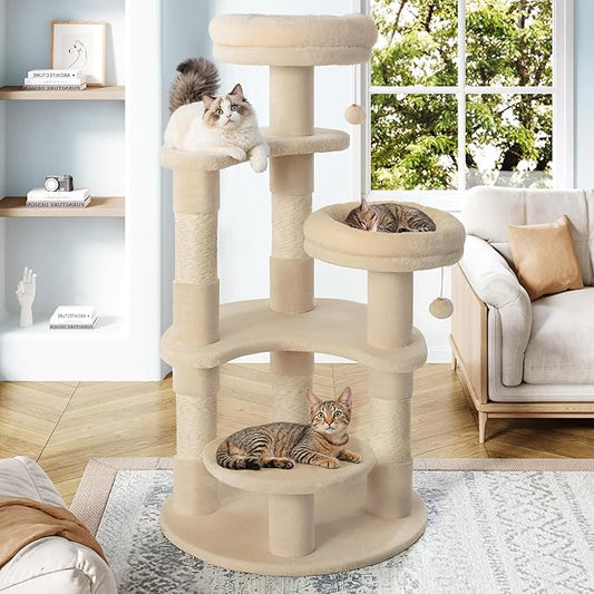 Allewie 55.5 in Cat Tree for Indoor Kitties/Soft Plush Perches/Multi-Level Cat Tower/Sisal Scratching Posts/Crescent Plates/Round Jumping Board/Hanging Ball/Pet Activity Center/Beige