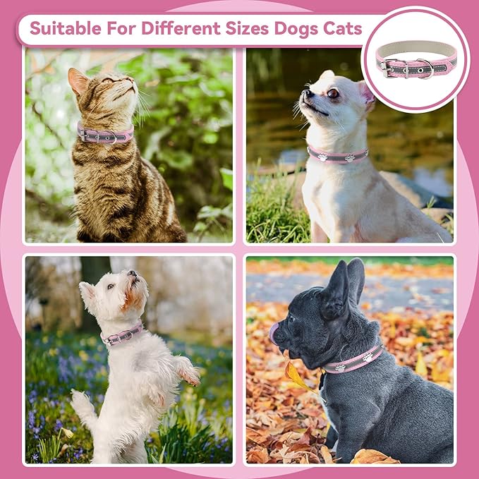 PETCARE Reflective Dog Collar with Cute Paw Rivet Studded Funny Soft PU Leather Adjustable Puppy Dog Collars for Small Medium Large Dogs Cats (Pink,Large)