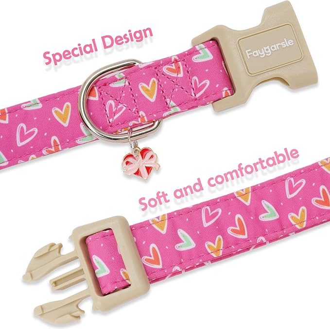Faygarsle Valentine's Day Dog Collar, Pink Heart Pattern with Metal D-Ring and Heart Charm, Adjustable Pet Collar for Small Medium Large Dogs M