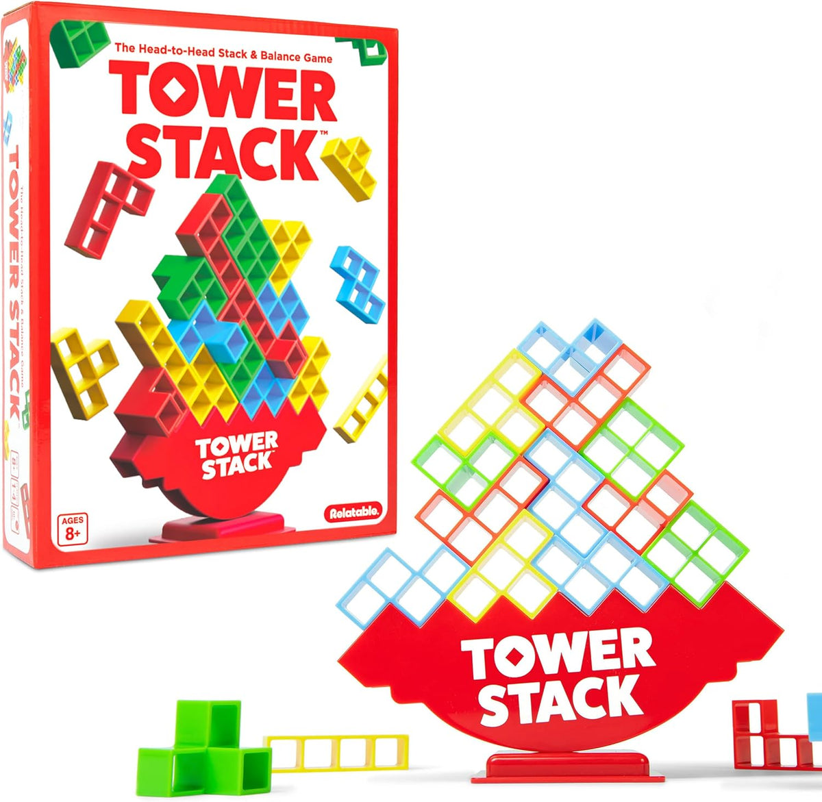 Tower Stack by Relatable, Exciting Tower Game for Kids & Adults Family Game Night, Fun Stacking and Building Toys, Includes 36 Cards, 24 Blocks, 1 Tower Body, 1 Tower Stand, and Instructions