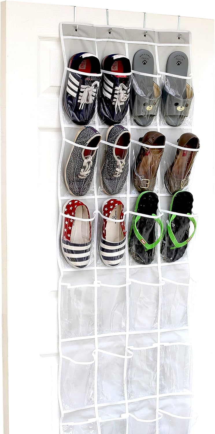 Simple Houseware 24 Pockets - Crystal Clear Over The Door Hanging Shoe Organizer, Gray (64'' x 19'')