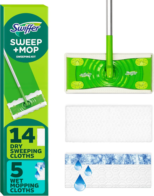 Swiffer Sweeper 2-in-1 Dry + Wet Floor Mopping and Sweeping Kit, Multi-Surface Kit for Floor Cleaning, Kit Includes 1 Sweeper, 14 Dry Sweeping Cloths, 5 Wet Mopping Cloths