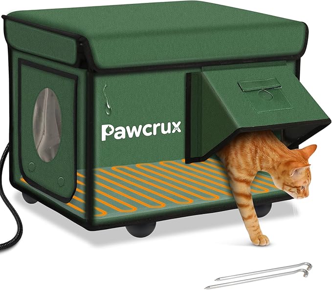Weatherproof Heated Cat House for Outdoor in Winter, Heated Cat Bed Kitty Shelter with Cat Heating Pad, Insulated & Safe Escape Door, Warm Home for Outside Stray Cat