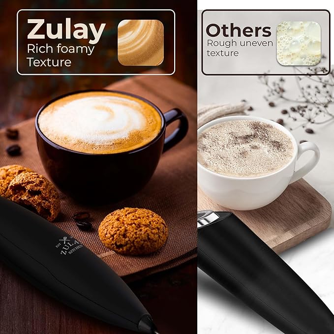 Zulay Kitchen Powerful Milk Frother Wand With Duracell Batteries - Ultra Fast Handheld Drink Mixer - Electric Whisk Foam Maker for Coffee, Lattes, Cappuccino & Matcha - Triple Whisk - Midnight Elite