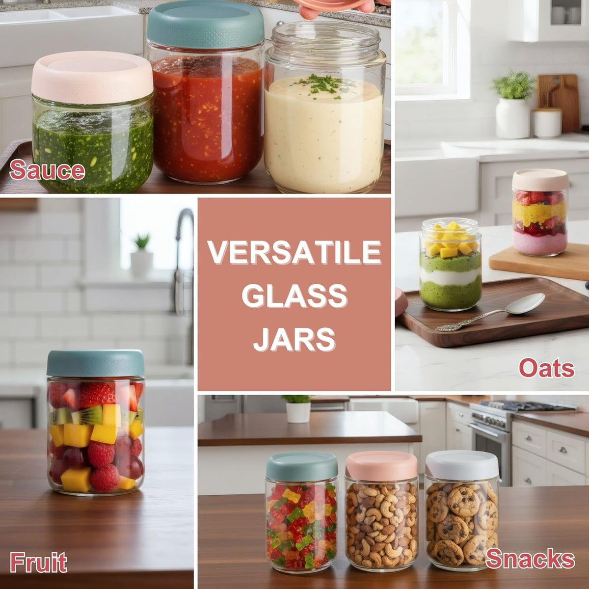 CATIFLIN 6-Pack Overnight Oats Containers with Lids, 16oz & 10oz Glass Mason Jars, Airtight Wide-Mouth Food Storage Containers for Meal Prep, Yogurt, Salad, Snacks, Chia, and Baby Food