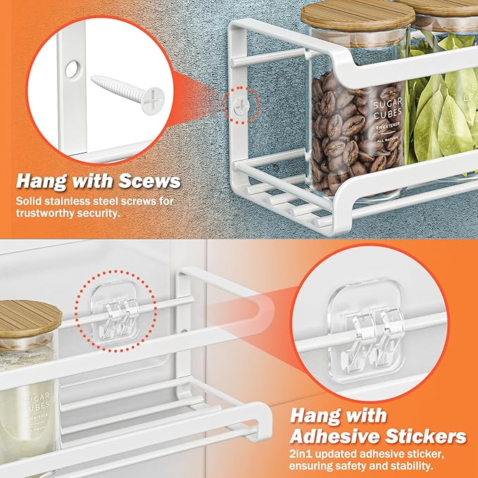 Bunoxea Spice Rack wall mounted 4 Pack, Space-Saving Spice Organizer for Spice Jars and Seasonings,Screw or Adhesive Hanging Spice Rack Organizer for Your Kitchen Cabinet,or Pantry Door,White