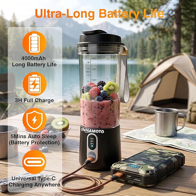 Portable Personal Size Blender for Smoothies - Cordless Mini Blender with 20oz BPA-Free Juice Cup & Leak-proof Travel Lid, Type-C Rechargeable Freshly Squeezed in Outside/Office/Gym