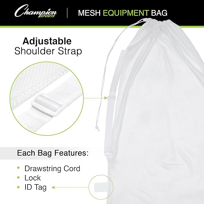 Champion Sports Mesh Equipment Bag – Heavy-Duty Nylon Drawstring Bag with Lock & ID Tag, Breathable Storage Sack for Balls, Swim Gear, Laundry & Toys, Multiple Sizes & Colors