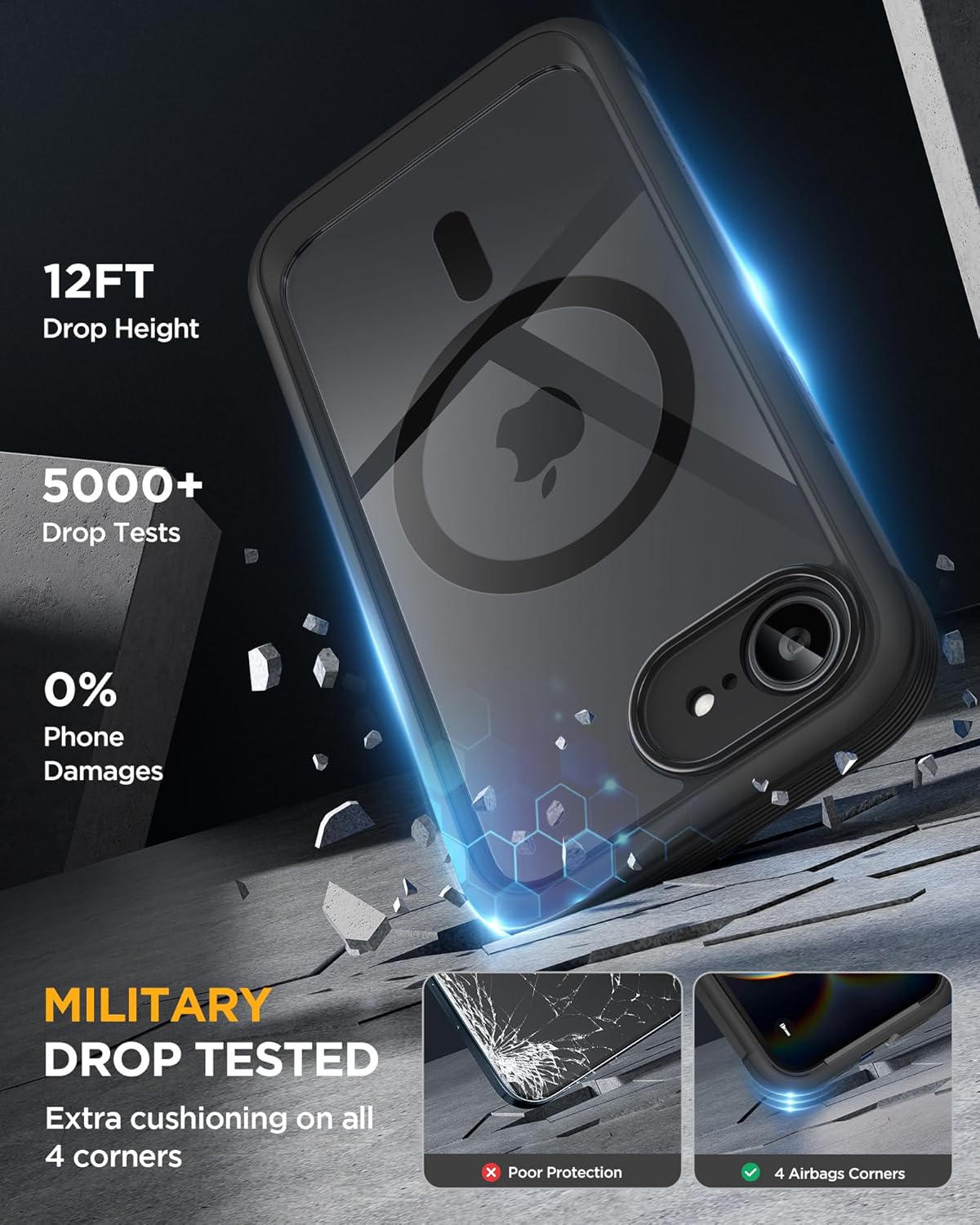 Miracase Magnetic for iPhone 16e Case Full-Body Phone with Built-in Glass Screen Protector, [Compatible with MagSafe] Military Drop Proof 16 E Cover Bumper 6.1 inch, Black
