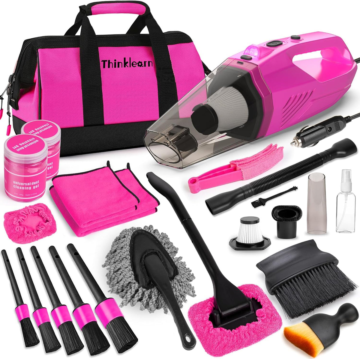 ThinkLearn Car Cleaning Kit, Car Vacuum Detailing Kit Interior with High Power Handheld Vacuum, Including 7Pcs Detailing Brush Set, Windshield Cleaner, Pink Car Accessories for Women