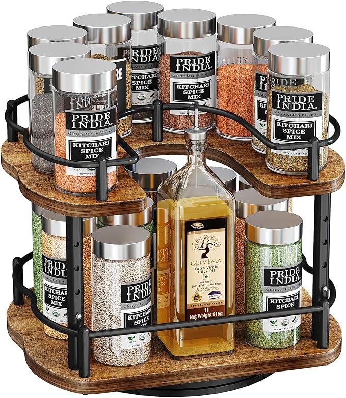 Lazy Susan Organizer Spice Rack - Spice Organization for Cabinet Height Adjustable Rotating Lazy Turntable, Pantry Kitchen Wood Revolving Seasoning Organizer (Vintage, 9 Inch)
