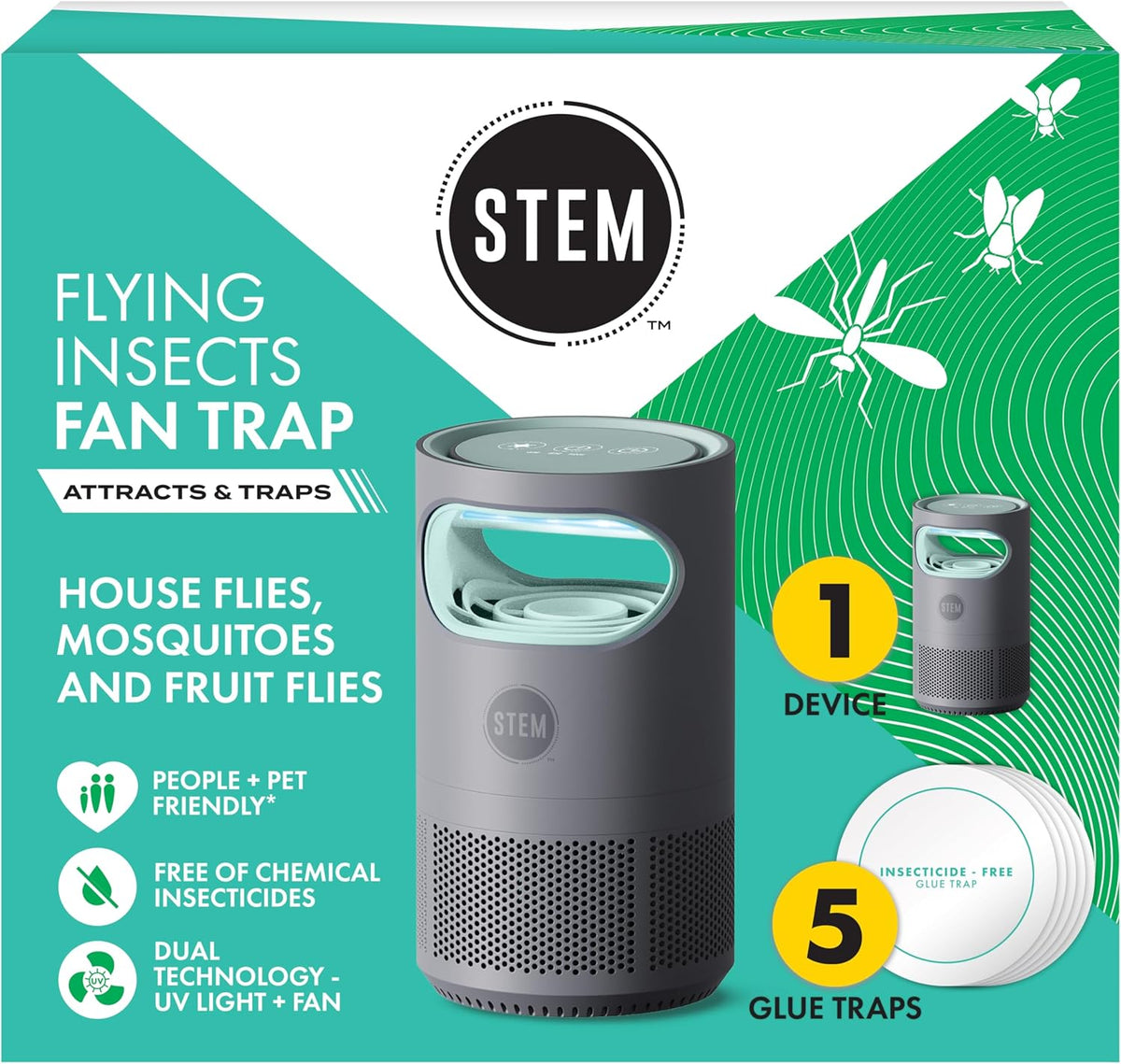 STEM Flying Insect Fan Trap for Indoor Bug Control, Attracts Mosquitoes, Fruit Flies, and House Flies, Plug-in Fan with UV Light, Starter Kit Includes 1 Device and 5 Glue Traps