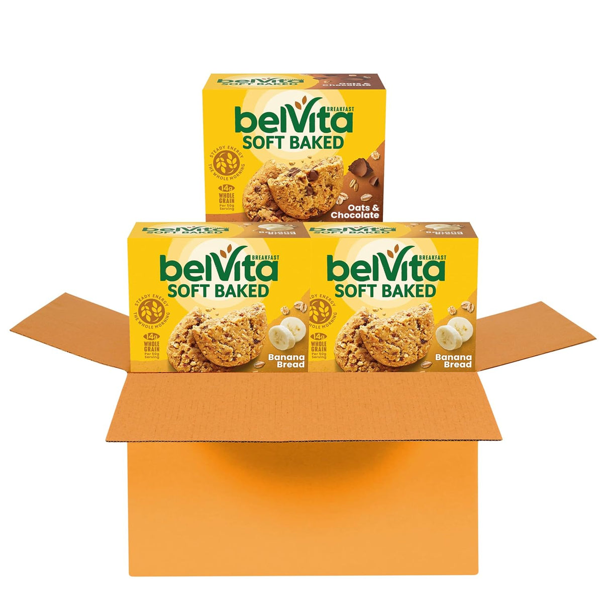 belVita Soft Baked Breakfast Bars Variety Pack, Banana Bread and Oats & Chocolate, 3 Boxes of 5 Packs (1 Biscuit Per Pack)