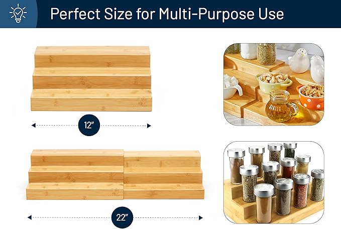 RoyalHouse Bamboo Expandable Spice Rack Organizer, 3-Tier Adjustable Kitchen Cabinet, Countertop Display Shelf, Space Organizer for Kitchen and Bathroom