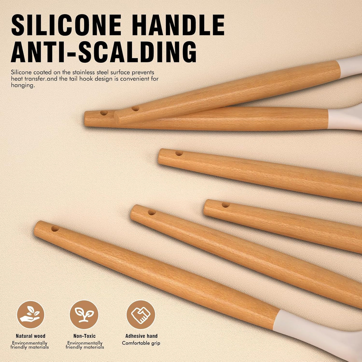 Silicone Cooking Utensils Set - AVGPD Silicone Kitchen Utensils for Cooking Wooden Handles, 446°F Heat Resistant Kitchen Utensil Spatula Sets w Holder, Gadgets for Non-Stick Cookware BPA FREE (Khaki)