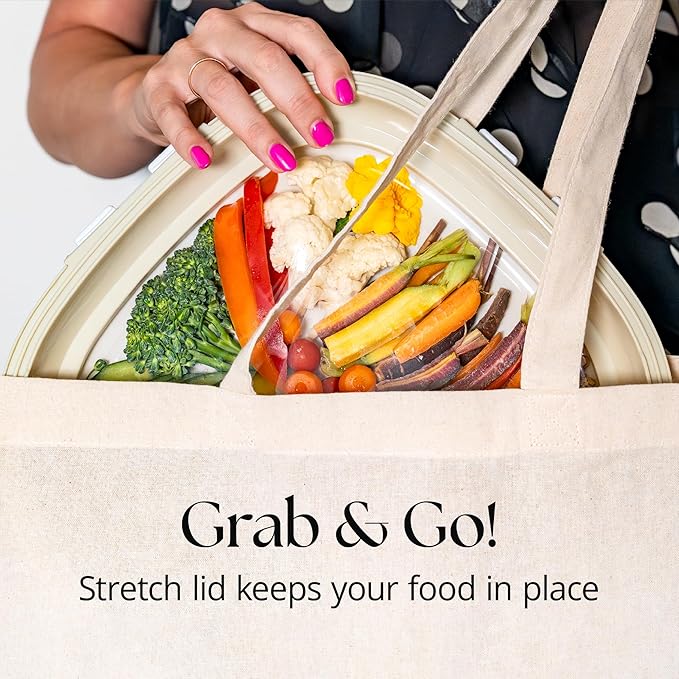 Crudités | Portable Snack Tray | Square 4-Pack | Cream White | Reversible Stretch Lid Food Containers | BPA-Free, Freezer & Dishwasher Safe | Meal-Prep, Charcuterie, Salads, Picnic, Travel