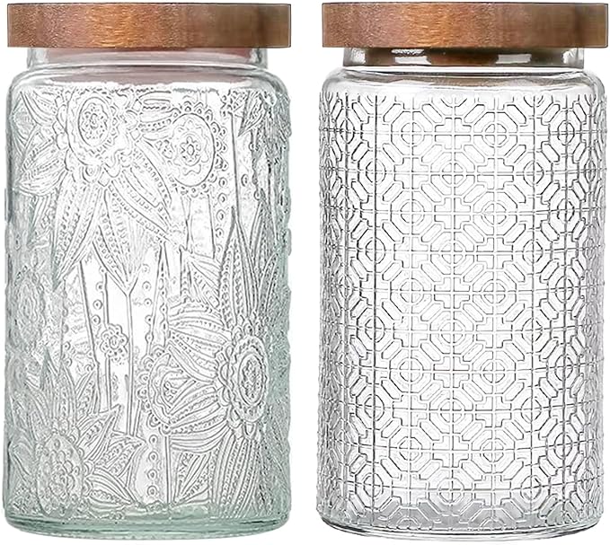 Vintage Glass Jars with Wooden Lids, 2 Pack 34 oz Airtight Glass Food Storage Containers Sets for the Kitchen, Sugar Coffee Candy Spice Cookie Tea Pasta