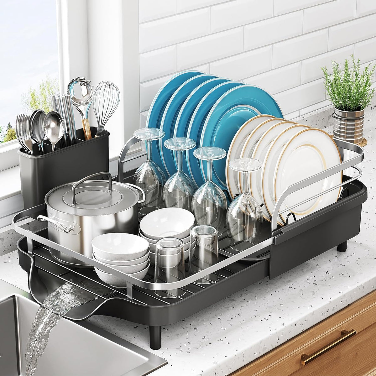 SNTD Dish Drying Rack, Expandable Dish Rack for Kitchen Counter, Stainless Steel Dish Drainer with Drainboard Set and Utensil Holder (Black)