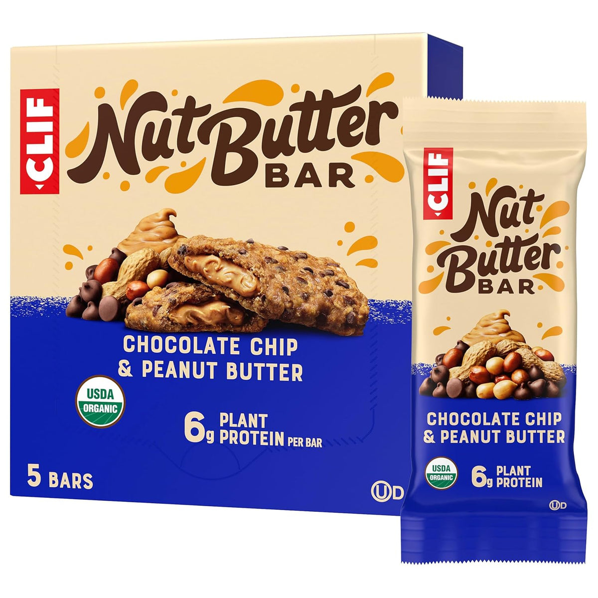 CLIF Nut Butter Bar - Chocolate Chip & Peanut Butter - Filled Energy Bars - Non-GMO - USDA Organic - Plant-Based - Low Glycemic - 1.76 oz. (5 Pack)