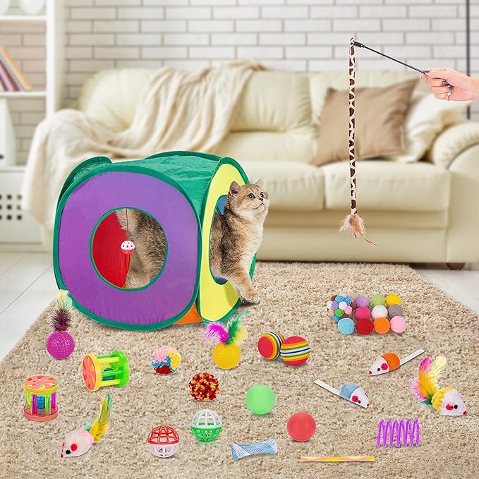 Retro Shaw Cat Toys Packs 33Pcs, Interactive Kitten Toys for Indoor Cats Kitty with Collapsible Play Tunnel Tube Tent Feather Wand Teaser Bell Fuzzy Ball Springs Mouse Toy