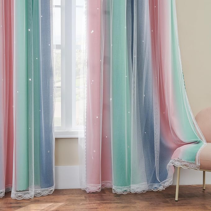XiDi Curtains for Bedroom Decor, Rainbow Pinkgreen grey52/96