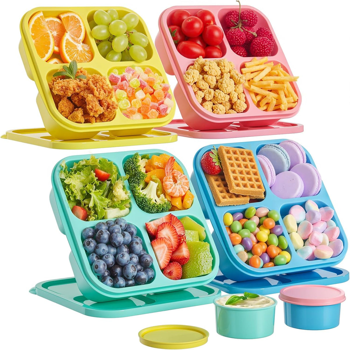 4 Pcs Snack Box Containers Set, Reusable 4 Compartment Lunchable Container with 2Pcs Sauce Containers, Stackable BPA-Free Bento Box for School, Work, Travel (4 Color)