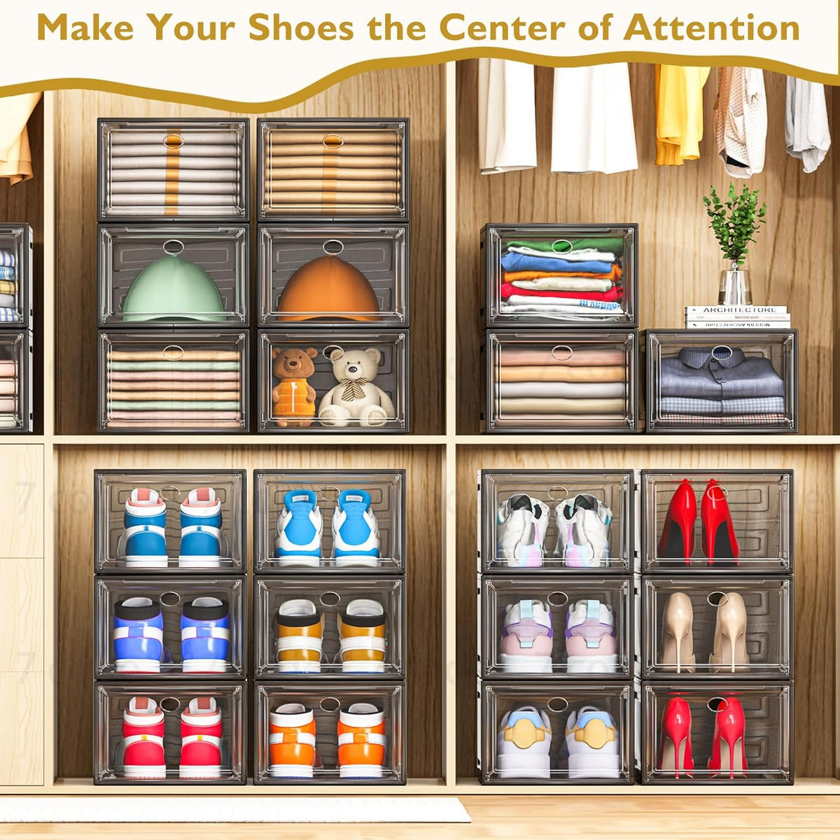 7 code Thicken & Sturdy Clear Shoe Storage Organizer with Magnetic Door, Stackable Boxes for Closet, Foldable Shoe Rack for Sneaker Boot Container, Plastic Shoe Cabinet Shoe Box 6 Pack, Black