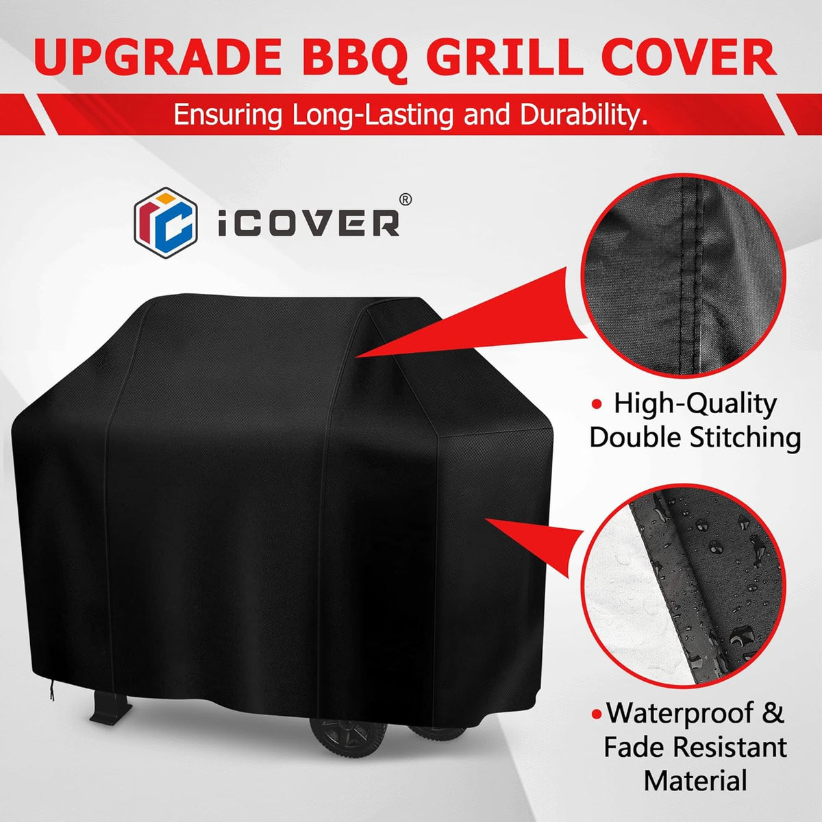 iCOVER Grill Cover, 58 inch BBQ Grill Cover for Outdoor Grill, Anti-UV & Fade Resistant Gas Grill Cover, Waterproof Barbecue Grill Covers for Weber, Char-Broil, Nexgrill and More, Black