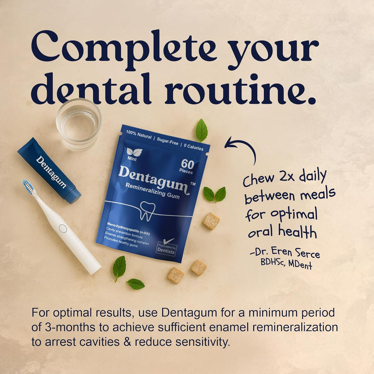 Dentagum Remineralizing Gum with Nano-Hydroxyapatite & Xylitol – SugarFree Chewing Gum for Enamel Repair, Cavity Protection & Receding Gums – 60 Pieces