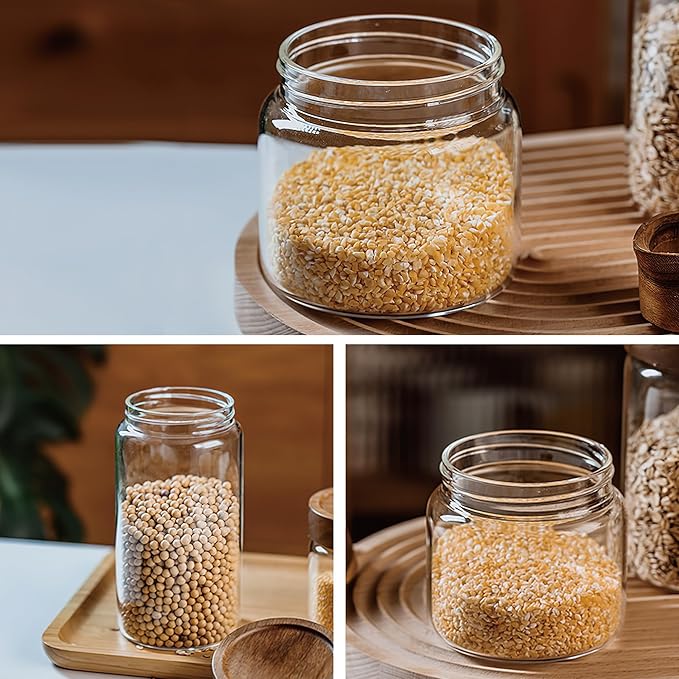 50 fl oz/1500 ml Clear Glass Storage Canister with Airtight Wooden Screw Lid, Large Tall Cute Decorative Glass Food Container Jar for Coffee, Candy, Cereal, Cookie, Pasta, Flour, Juices