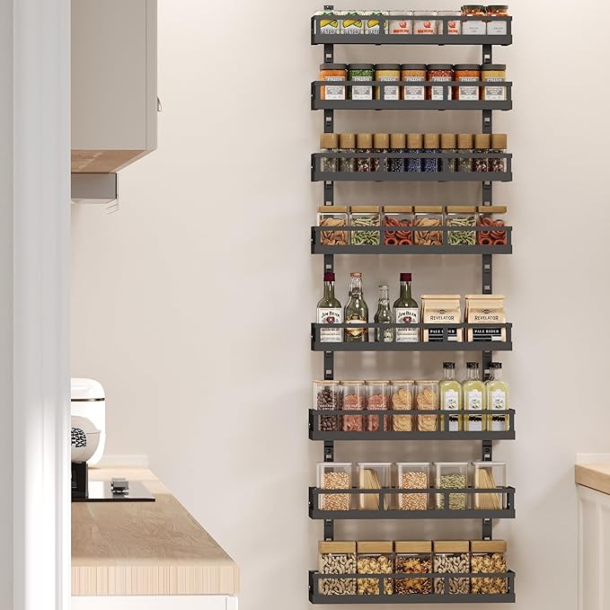 X-cosrack 8-Tier Adjustable Spice Rack – Wall-Mounted Space-Saving Organizer with Mixed Baskets, Large-Capacity Seasoning Holder for Kitchen & Pantry (Black)