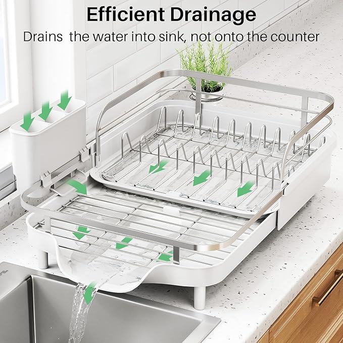SNTD Dish Drying Rack, Expandable Dish Rack for Kitchen Counter, Stainless Steel Dish Drainer with Drainboard Set and Utensil Holder (White)