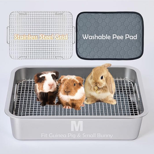 MEEXPAWS Guinea Pig Stainless Steel Litter Box with Raised Grid and Washable Pad,Small Bunny Rabbit Litter Pan High Side, Ferret Rat Litter Box, Small Animal Toilet Potty Tray Easy Clean,Less Stink