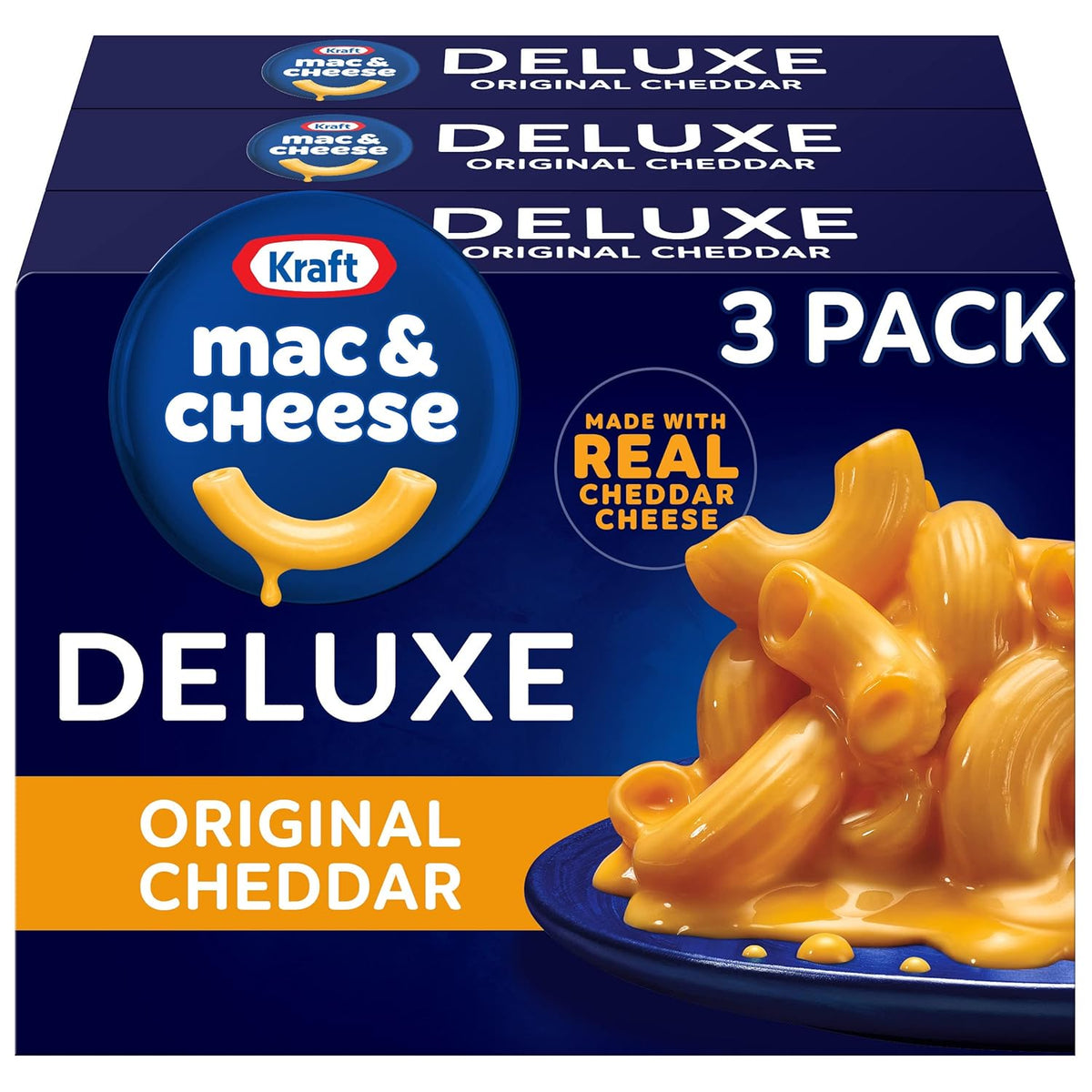 Kraft Deluxe Mac and Cheese, 3 Boxes, for Easy Dinner or Dinner Sides, Original Cheddar Flavor, No Artificial Flavors or Dyes, 14 oz