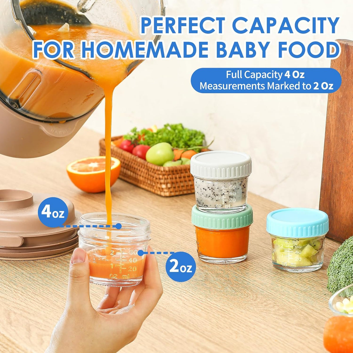 DRKIO 6 Pack Glass Baby Food Storage Containers - 4 Oz Baby Food Jars with Lids Baby Food Maker Microwave Dishwasher Freezer Safe 100% Leak Proof BPA Free Reusable